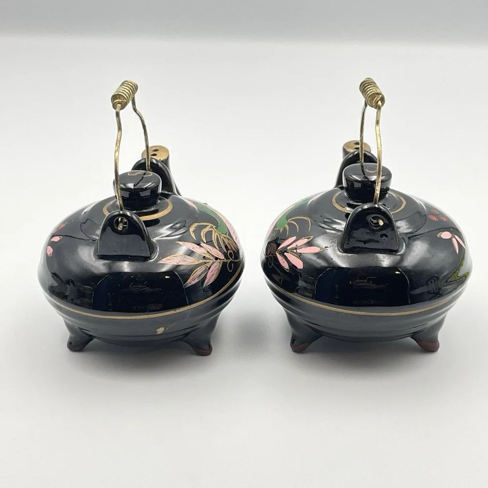 Vintage Japan Rooster Teapot Salt & Pepper‎ Shakers Black Hand Painted MCM